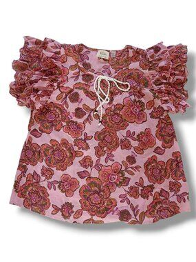 Elie Tahari Womens Blouse Top Shirt Pink Floral Ruffle Sleeve 100% Cotton Size M